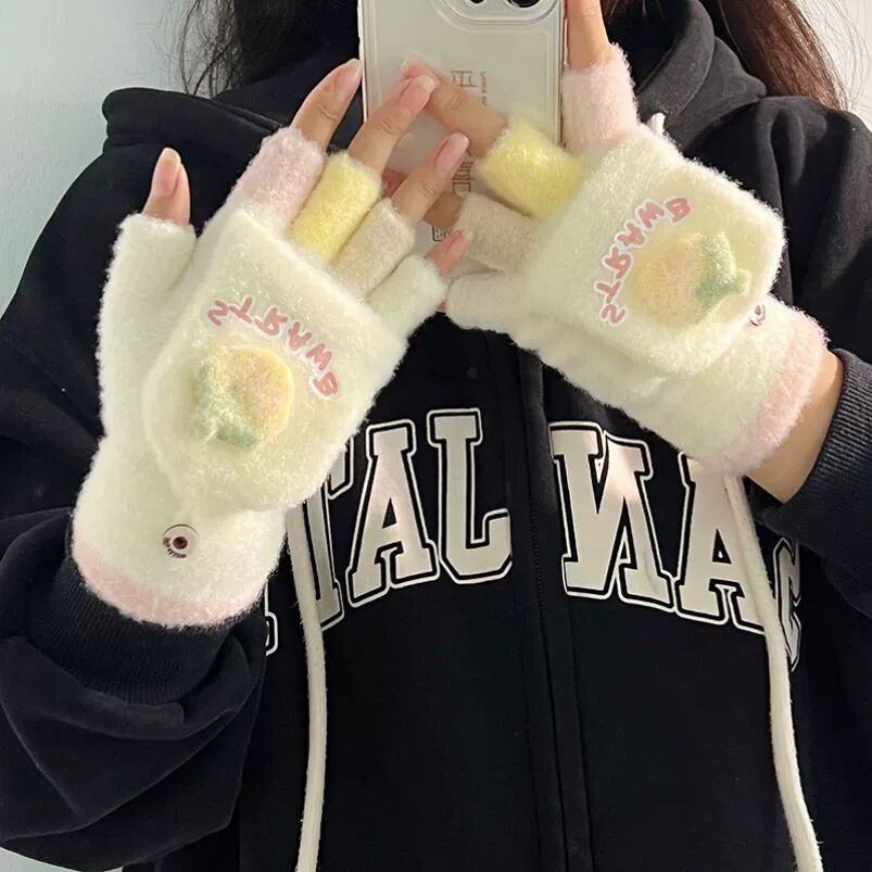 可爱翻盖半指小学生女孩保暖草莓小孩写字女儿童手套冬季女童露指