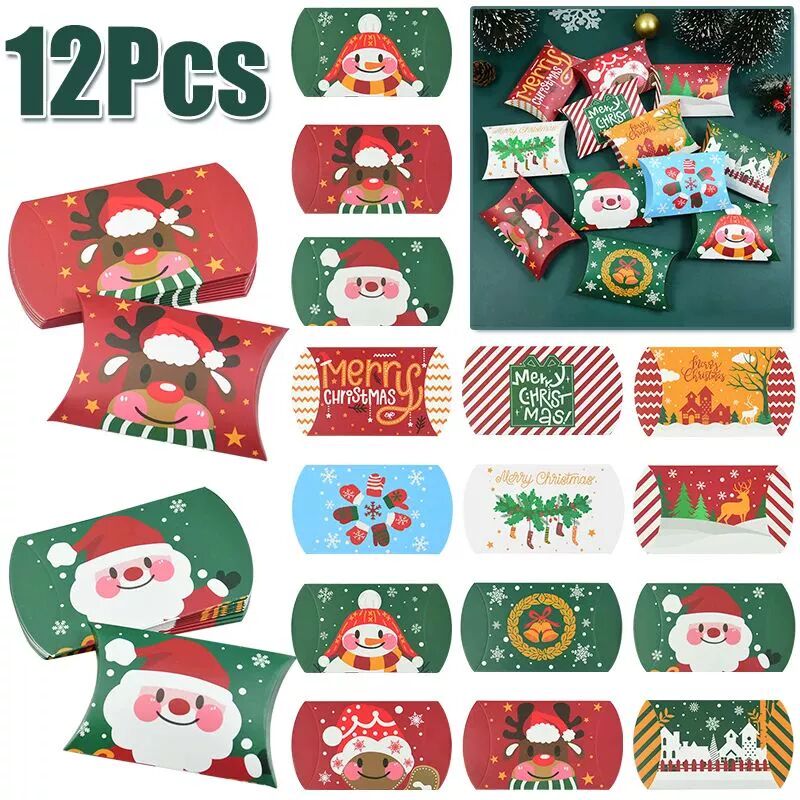 12Pcs Merry Christmas Candy Gift Box Kraft Paper Cookie Snac