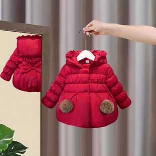 女童棉服冬装2025新款洋气儿童羽绒棉衣加厚宝宝红色拜年服冬季潮