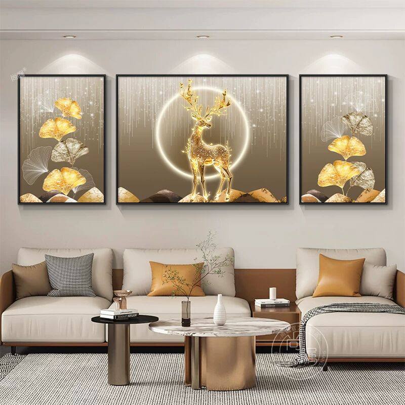 客厅装饰画轻奢金鹿沙发背景墙挂画现代简约抽象镶钻晶瓷三联壁画