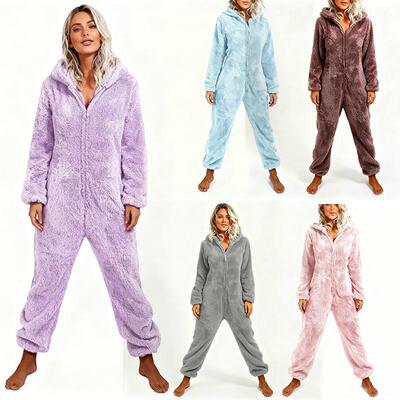 Women White Hooded Pajama Jumpsuit Long Sleeve Zipper