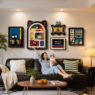 法式中古风客厅装饰画趣味猫咪创意组合壁画多巴胺沙发背景墙挂画