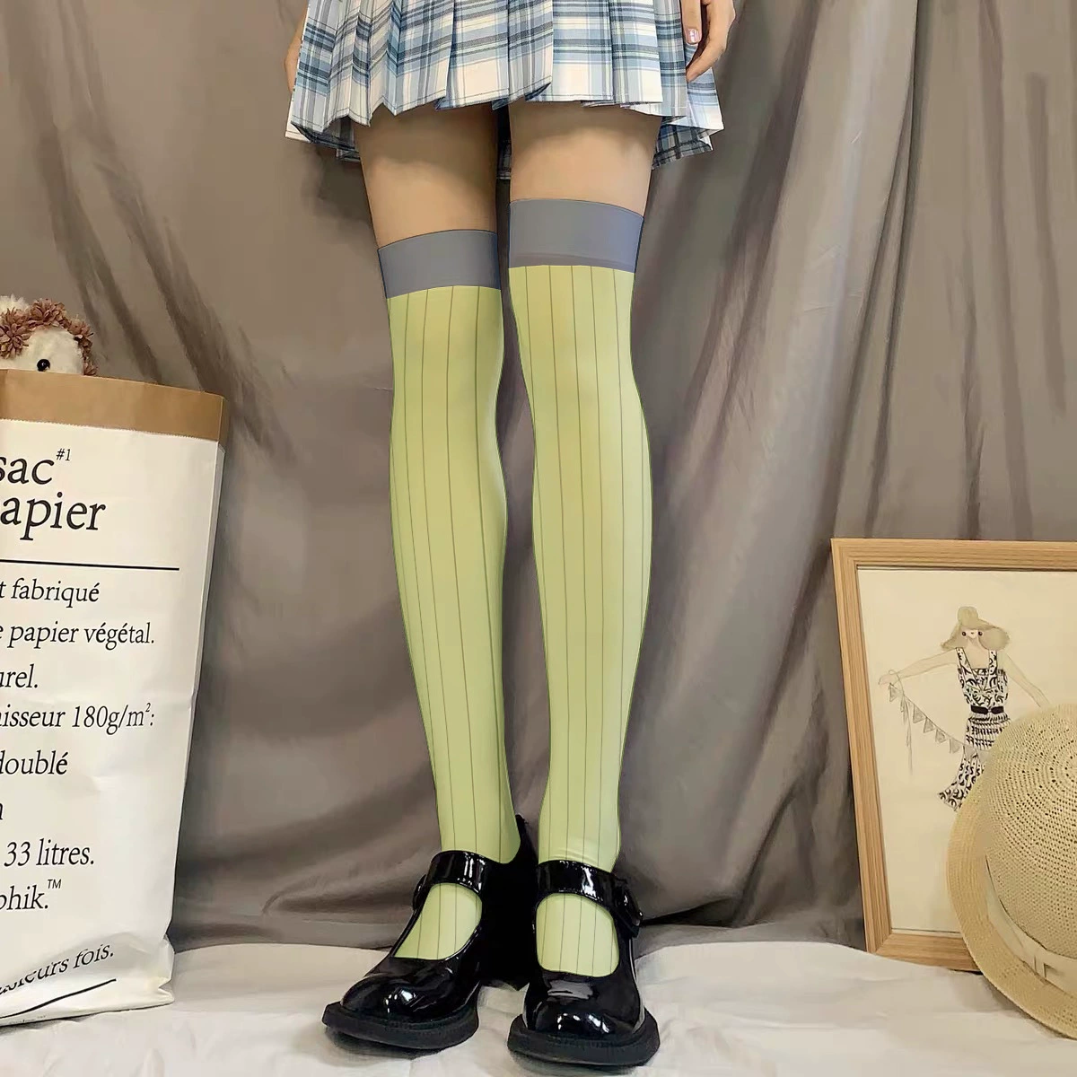 二次元鬼灭之刃甘露寺蜜璃同款JK丝袜薄款女士条纹撞色Cos长筒袜