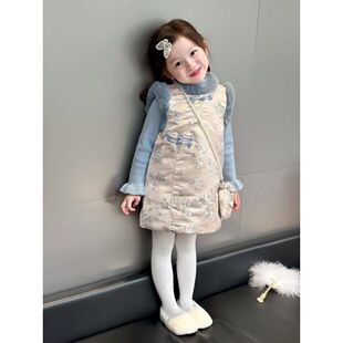 新中式童装2024秋冬新款甜美蓝色毛绒夹棉旗袍裙女童拜年服两件套