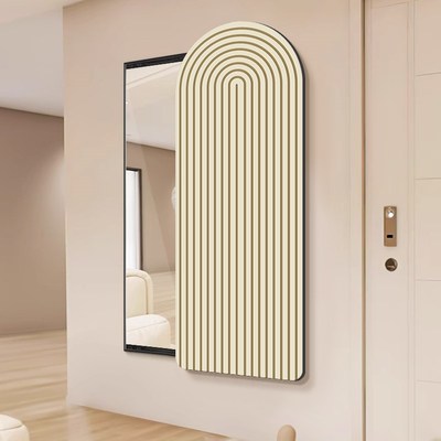 奶油风全身镜装饰画玄关极简抽象隐藏式推拉穿衣镜挂画卧室镜子画