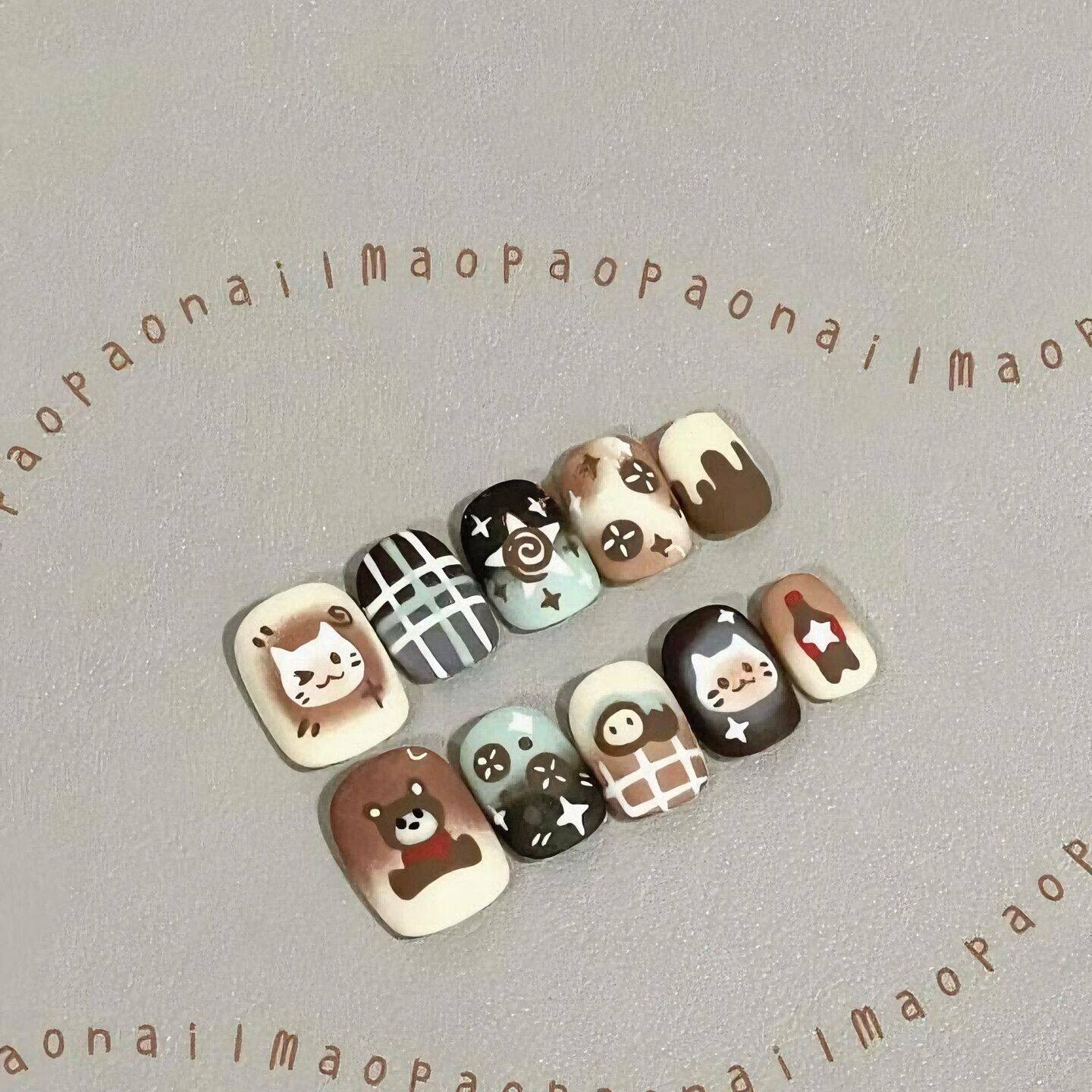 小面包穿戴甲七夕初秋半手工穿戴短款卡通彩绘曲奇猫猫面包可爱指