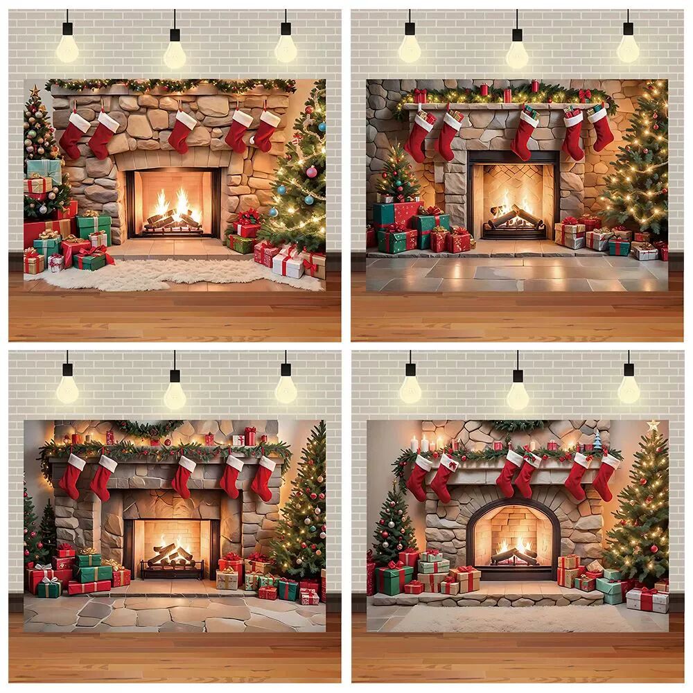 Xmas Tree Gifts Brick Fireplace Christmas Day Decoration Bac