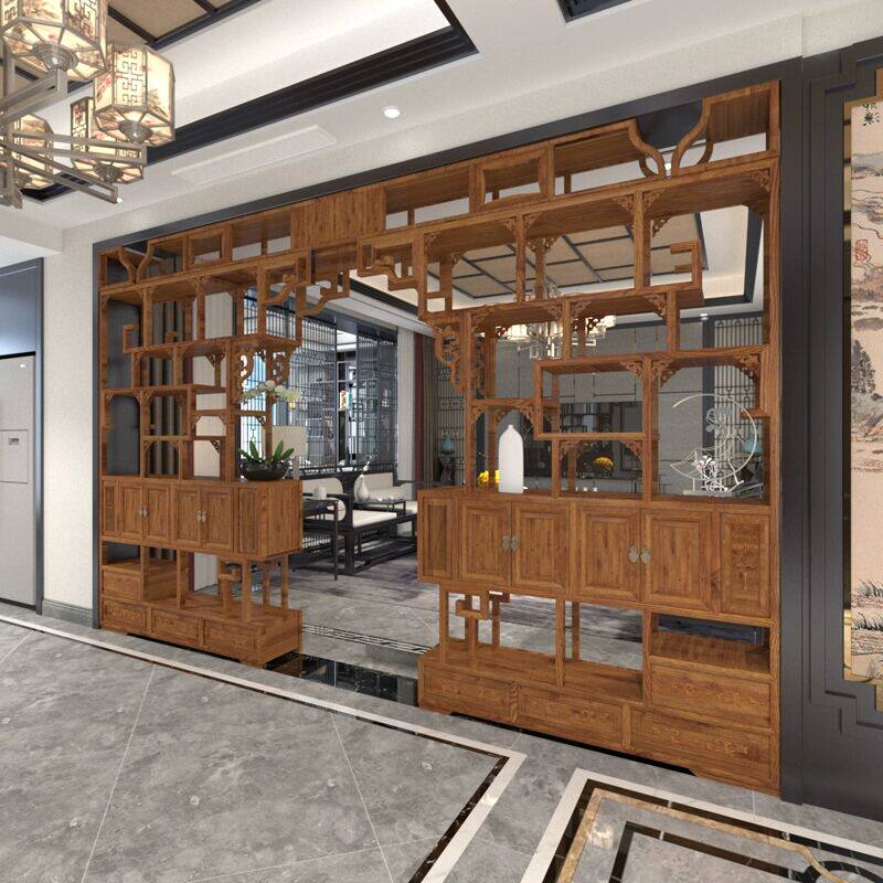 定制仿古伸缩月洞门隔断玄关客厅背景中式古董博古架实木月亮圆门
