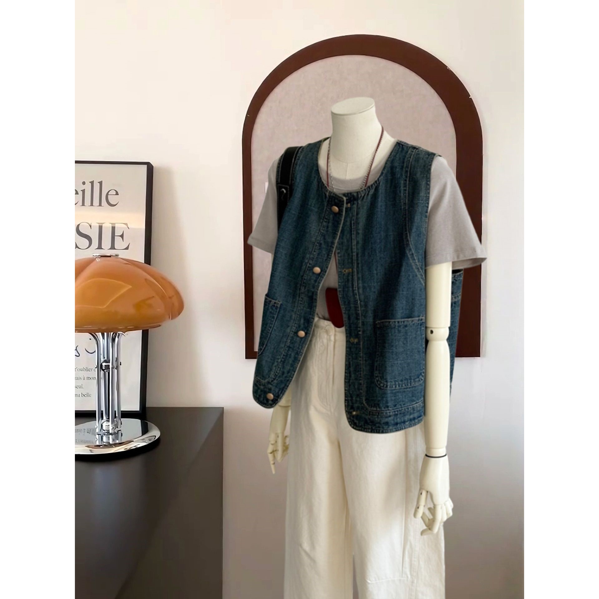 港风复古深蓝色叠穿牛仔马甲外套女早秋新款百搭圆领无袖坎肩上衣