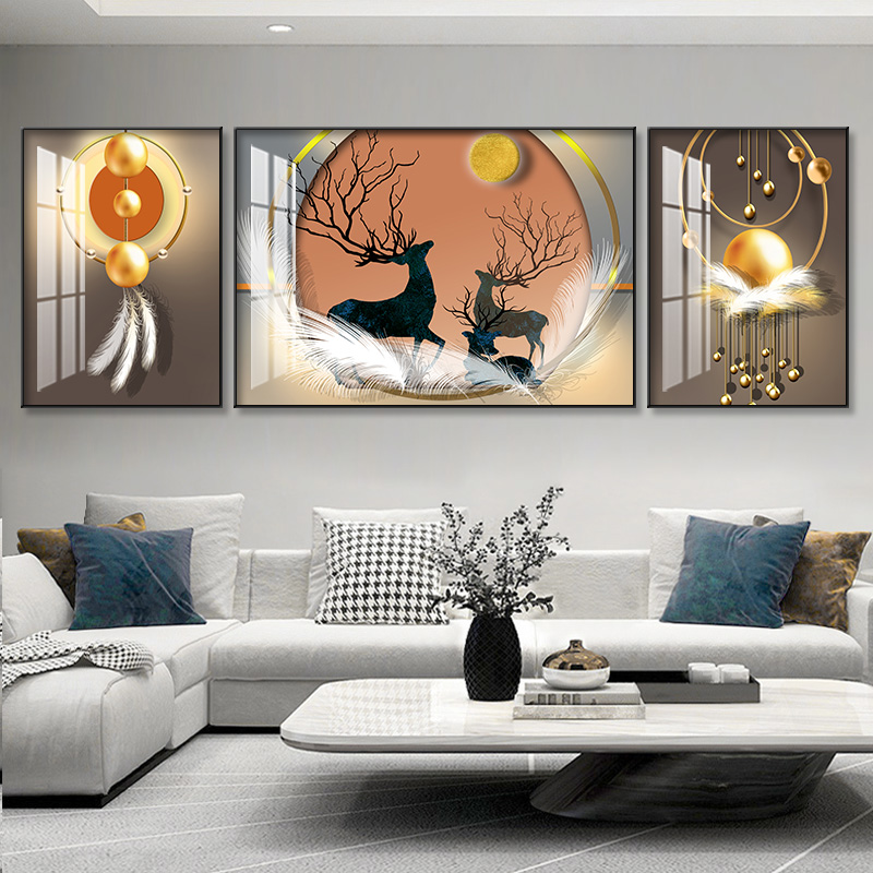 客厅装饰画北欧风沙发背景墙挂画美式大气麋鹿壁画简欧式象晶瓷画