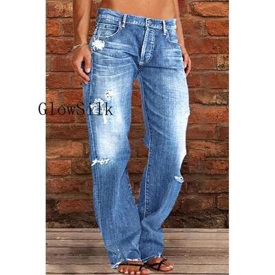 Women's Ripped Jeans Mid Rise Straight Leg Denim Jean Plus
