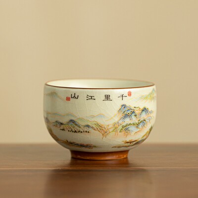 顶先 汝窑千里江山茶杯高档陶瓷个人专用茶杯中式家用茶具 A11516