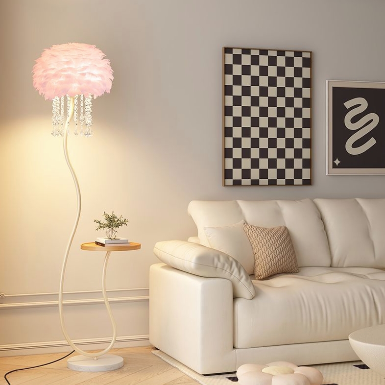 奶油风水晶羽毛沙发旁边落地灯客厅边几置物茶几卧室床头立式台灯