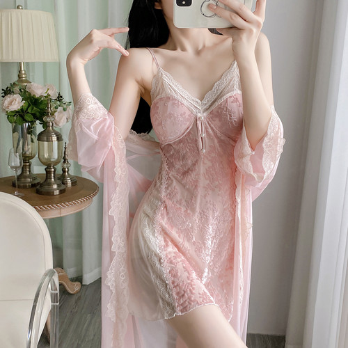 性感睡衣女夏季网纱高级感2025新款春秋蕾丝吊带睡裙带胸垫家居服