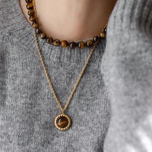 配毛线衣 高级复古简约虎眼石麻花吊坠串珠项链 项链美拉德风法式