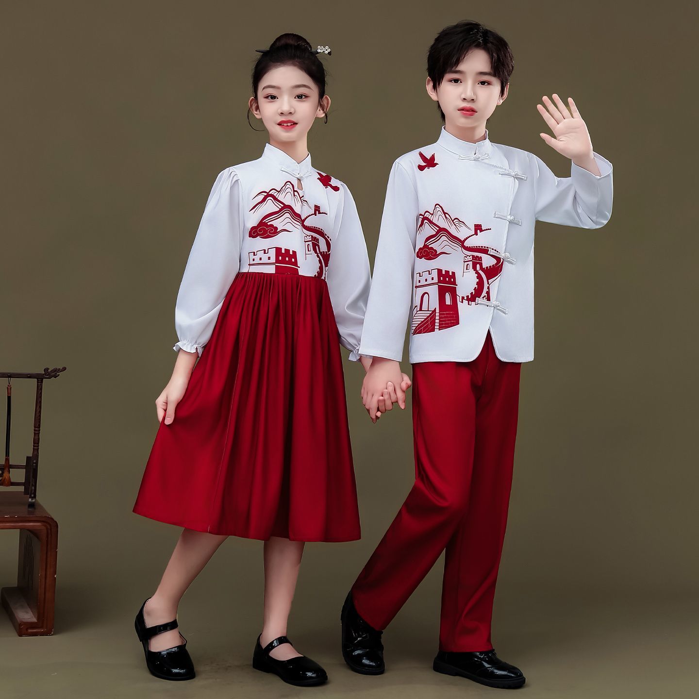 爱国小学生朗诵演出服女童儿童中国合唱红色演讲比赛礼服服装国庆