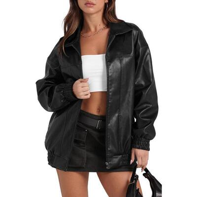 Leather Jacket Women Faux Oversized Motorcycle Bomber Coats