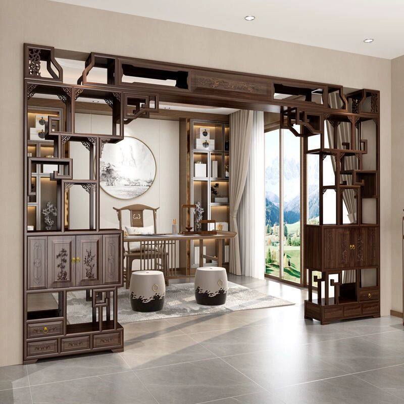 新中式实木伸缩月洞门博古架家用隔断背景墙月亮拱形玄关展示柜