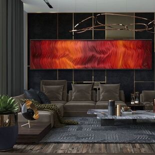 红色横版手绘油画风客厅装饰画抽象极简卧室床头挂画细长条肌理画