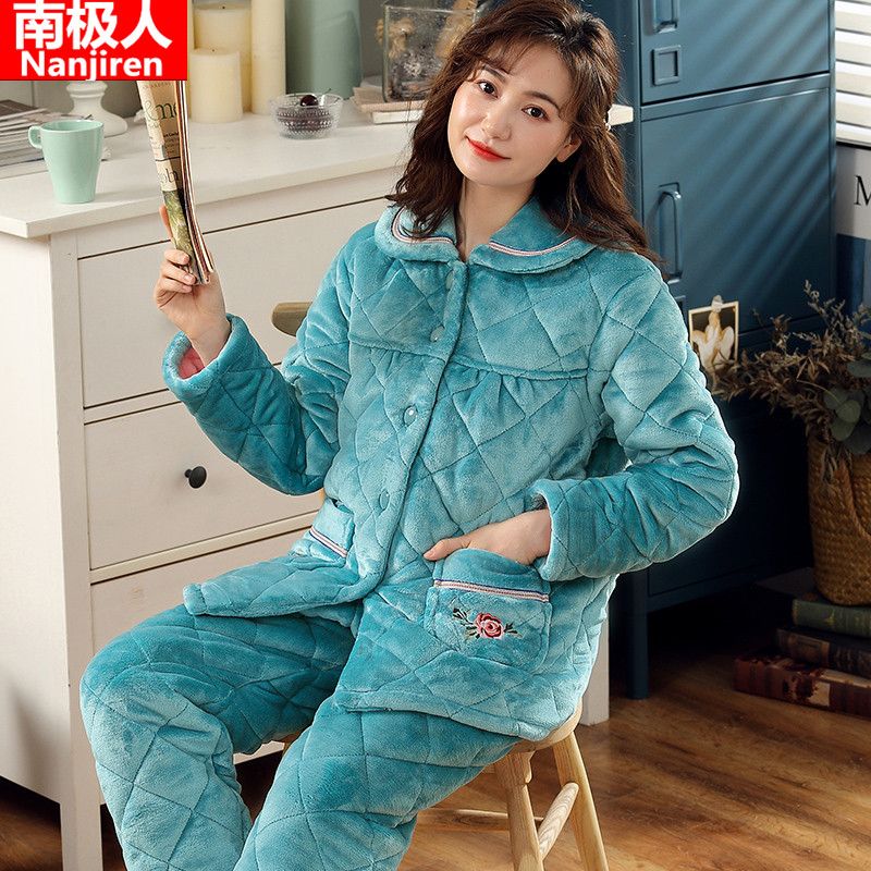 睡衣女秋冬季三层加厚珊瑚绒夹棉袄加绒保暖新款法兰绒家居服套装