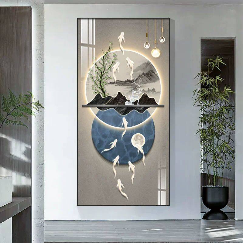 九鱼入户玄关装饰画新中式走廊过道挂画轻奢玄幻背景墙正对门壁画