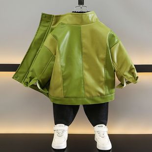 加厚痞帅上衣潮 皮夹克上衣秋冬季 儿童装 男童加绒皮衣外套2023新款