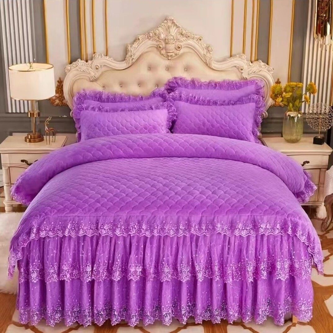 洣莱格  2024新款宝宝绒全夹棉蕾丝床裙款四件套（12-14斤）