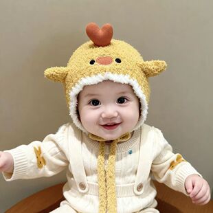 新生儿帽子可爱动物毛绒帽婴儿宝宝秋冬防风保暖护耳帽出游百搭款