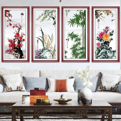 网红新中式画梅兰竹菊挂画客厅中风四条屏装饰国画沙发背国景墙画