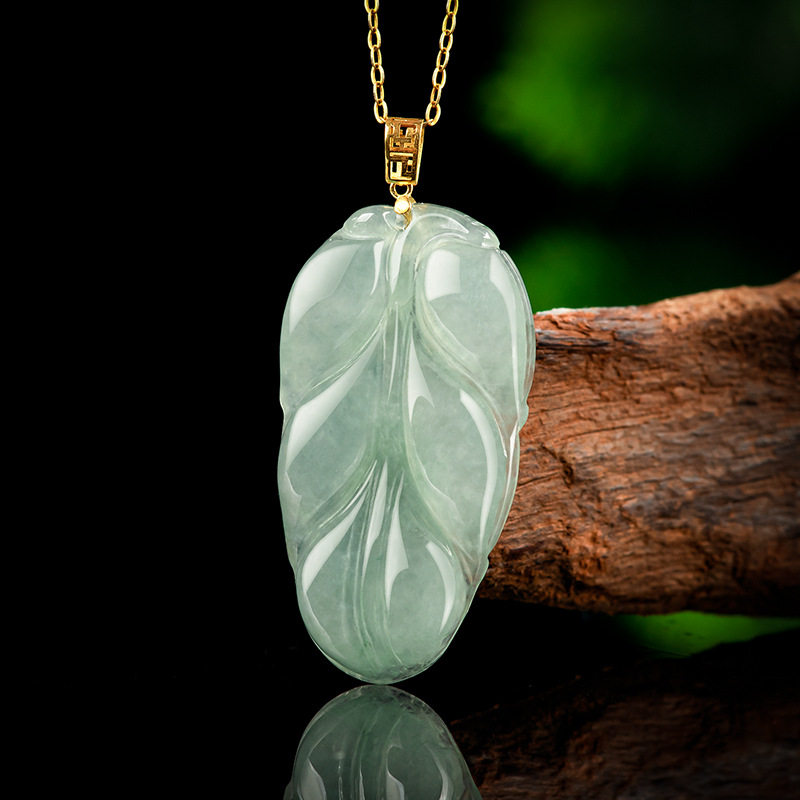 天然缅甸A货翡翠油青树叶吊坠18K金镶冰种玉石挂件花件女款玉坠