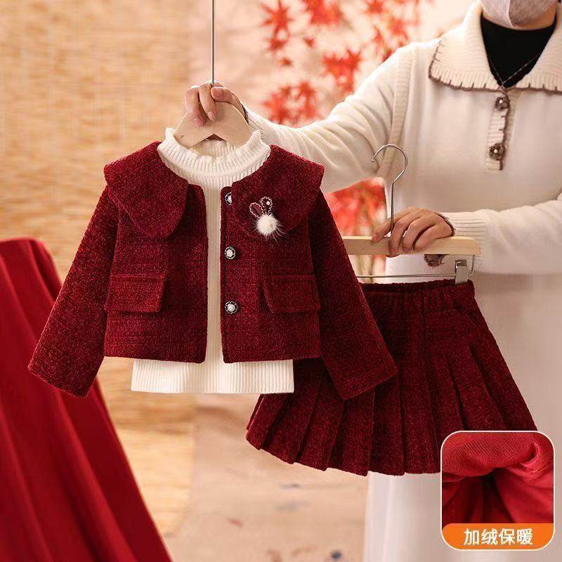 女童红色拜年服套装秋冬季2026新款洋气女孩公主风周岁礼服两件套