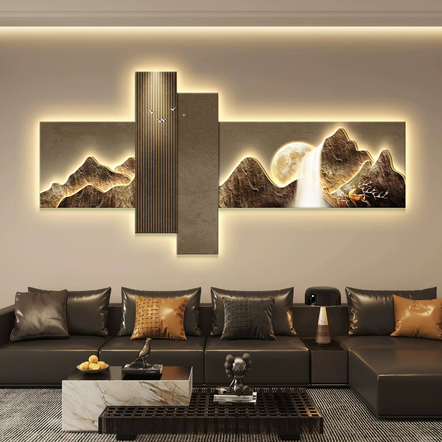 轻奢led带灯客厅装饰画沙发背景墙挂画壁画简约现代高级感山水画,家居饰品,现代装饰画,淘宝优惠券,粉丝福利购,淘宝优惠卷