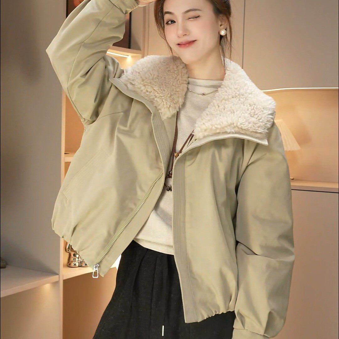 欧货仿羊羔毛翻领短款工装加绒加派克服