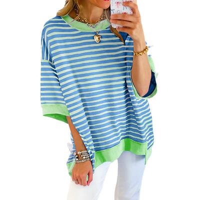 Mntaor Womens Oversized Striped Color Block Tees Half