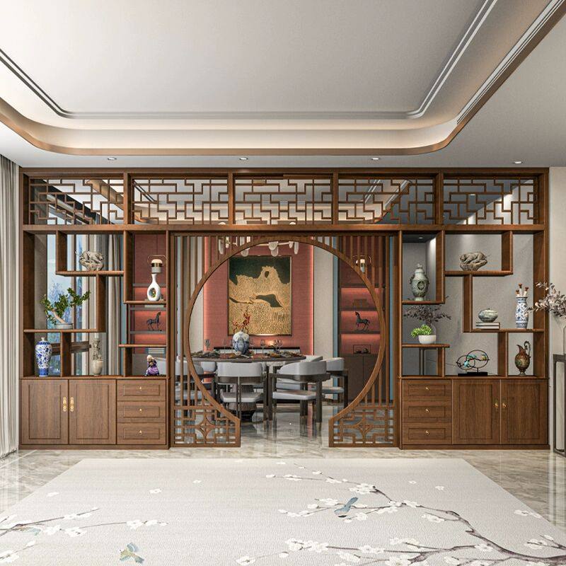 新中式实木拱门博古置物架屏风宋氏美学玄关隔断遮挡月洞门可定制