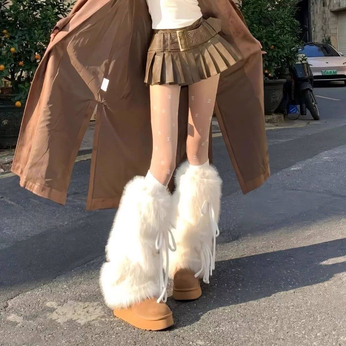 y2k冬季加厚保暖毛绒腿套女绑带蝴蝶结毛毛护腿袜套雪地靴堆堆袜