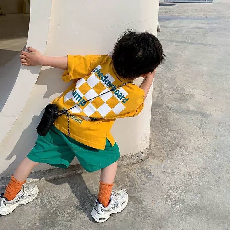 儿童纯棉打底衫宝宝夏装黄色棋盘T恤