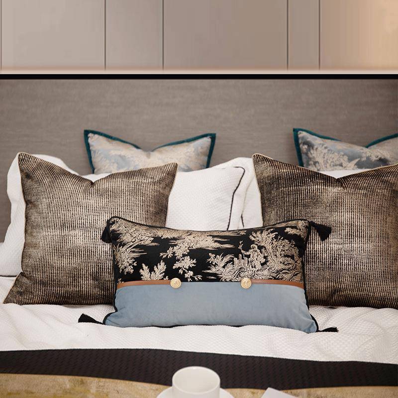 别墅酒店高奢黑金床品多件套沙发客厅抱枕靠垫样板房软装摆场