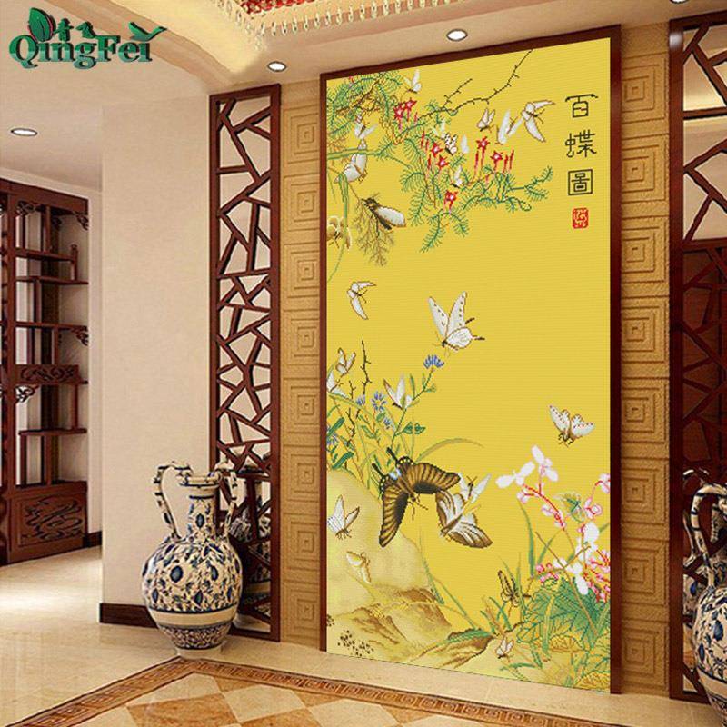 青飞精准印布新款大幅竖版百蝶图十字绣蝴蝶国画名画手工线绣
