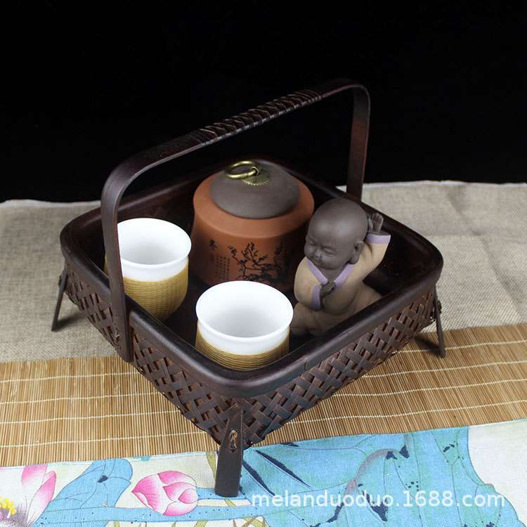 竹提篮手工编织竹篮子复古茶具茶道具点心篮四脚篮酒店餐具用品