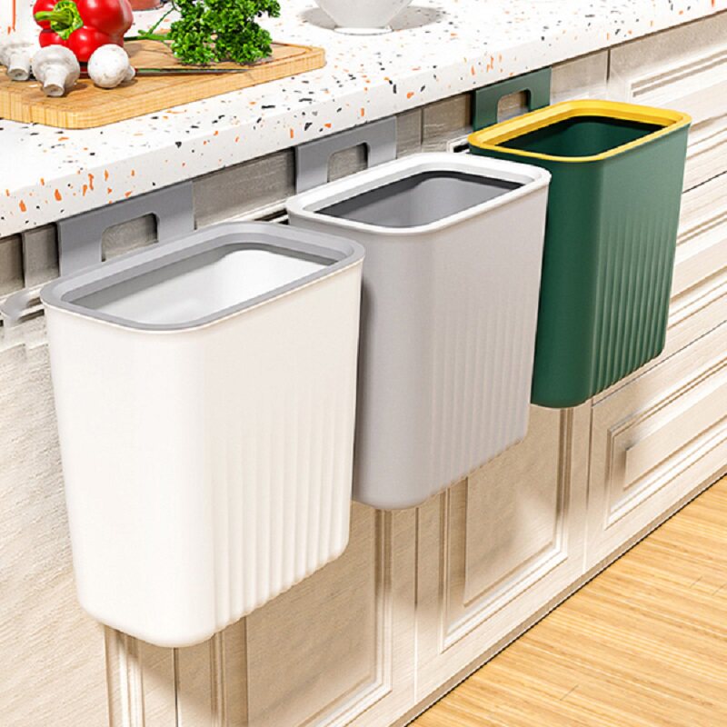 新款滑盖垃圾桶家用橱柜门壁挂纸篓免打孔厨房带盖厨余垃圾收纳桶