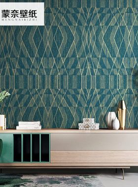孔雀绿暖黄色灰色北欧几何线条墙纸客厅卧室房间背景墙壁纸高级感