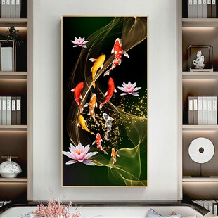 九鱼图玄关装 壁画客厅轻奢墙画 饰画入户走廊过道挂画现代简约竖版