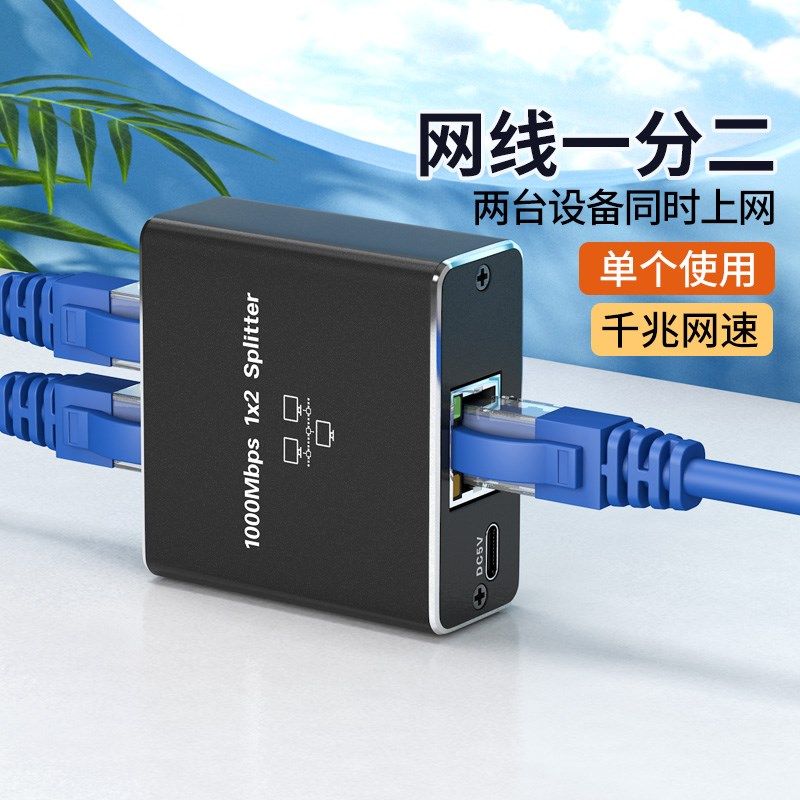 网线一分二分线器同时上网络口千兆交换机扩展一拖二转对接头