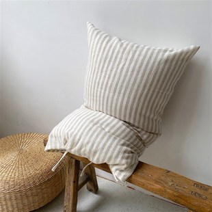 法国纯亚麻简约色织条纹绑带枕套透气亲肤 74cm单只价不含芯