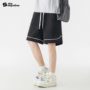 辛普森一家休闲短裤 潮牌百搭 纯色字母钢印宽松系带运动直筒五分裤