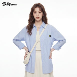 辛普森一家美式蓝白条纹衬衫男女同款长袖翻领休闲风宽松百搭衬衣