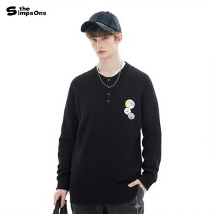 辛普森一家黑色立体纹针织衫 女宽松百搭oversize慵懒风圆领毛衣男