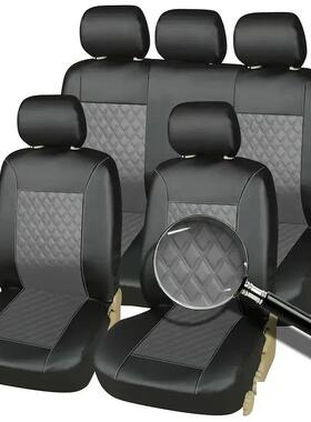 pu皮外贸汽车座椅套人造皮革黑色通用坐垫9件套temu热销新款绗绣