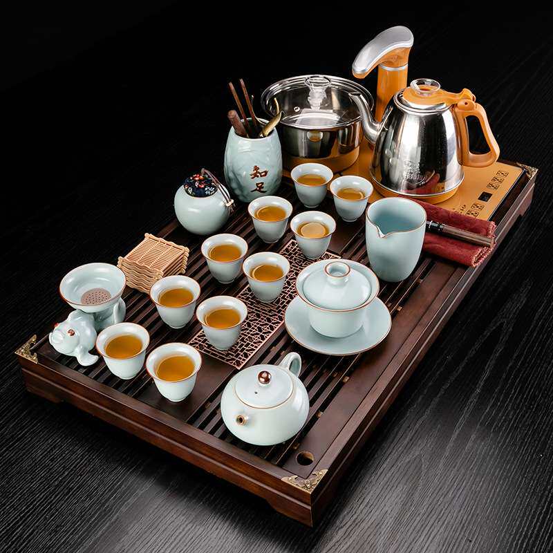 窗花实木茶盘整套汝窑陶瓷茶具套装家用办公室四合一全自动上水